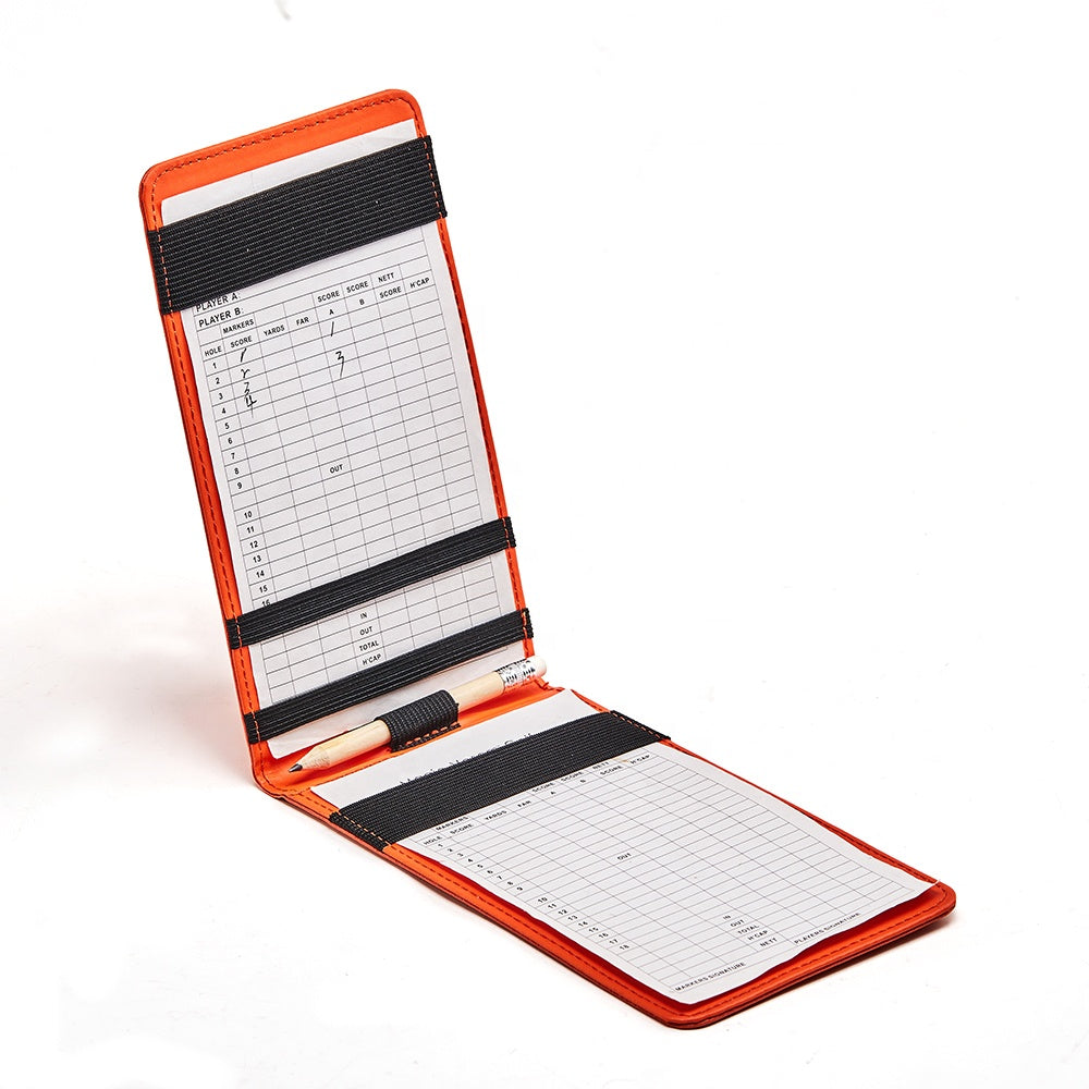 Orange crocodile grain leather golf scorecard holder open view with scorecard and pencil