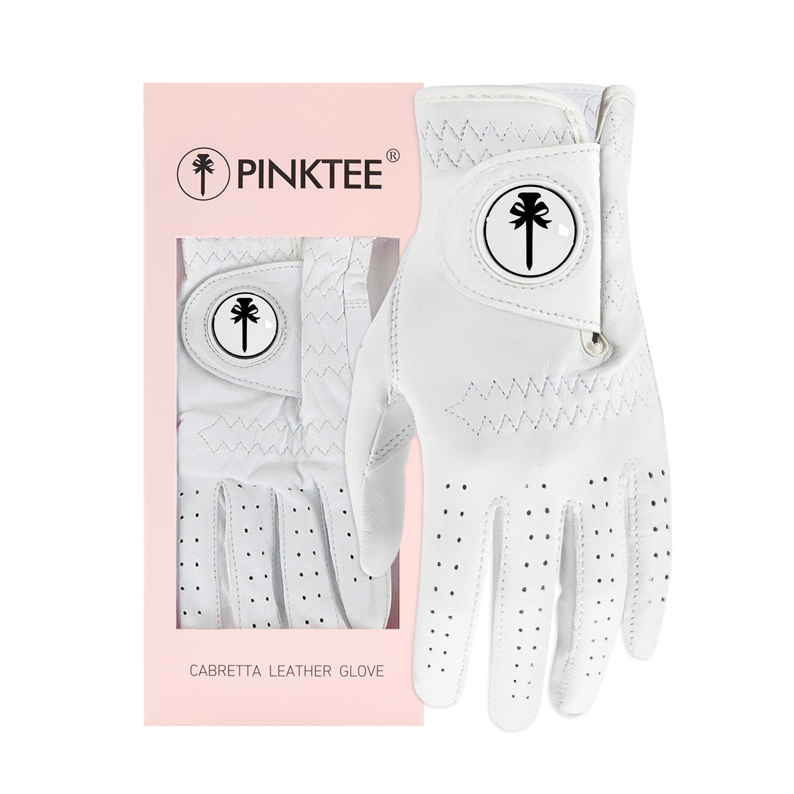Women's cabretta leather golf glove with black ball marker in pink gift box