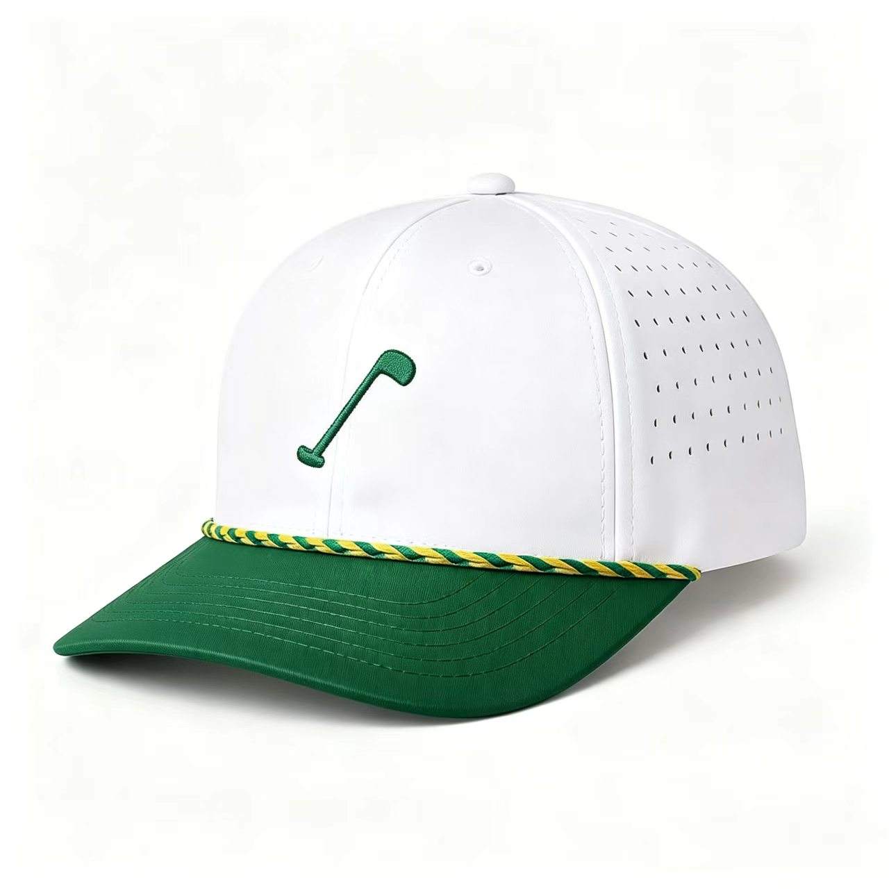 INJAE navy perforated golf cap with green brim and two-tone rope detail, golf club embroidery