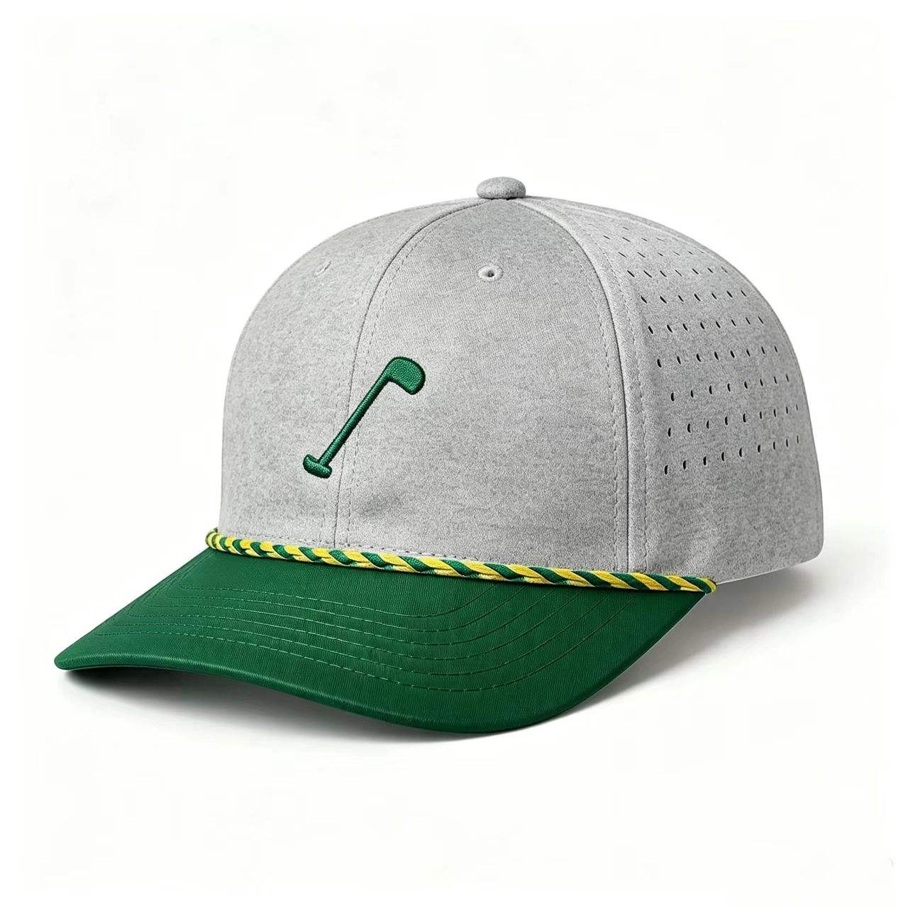 INJAE gray perforated golf cap with green brim and braided rope accent