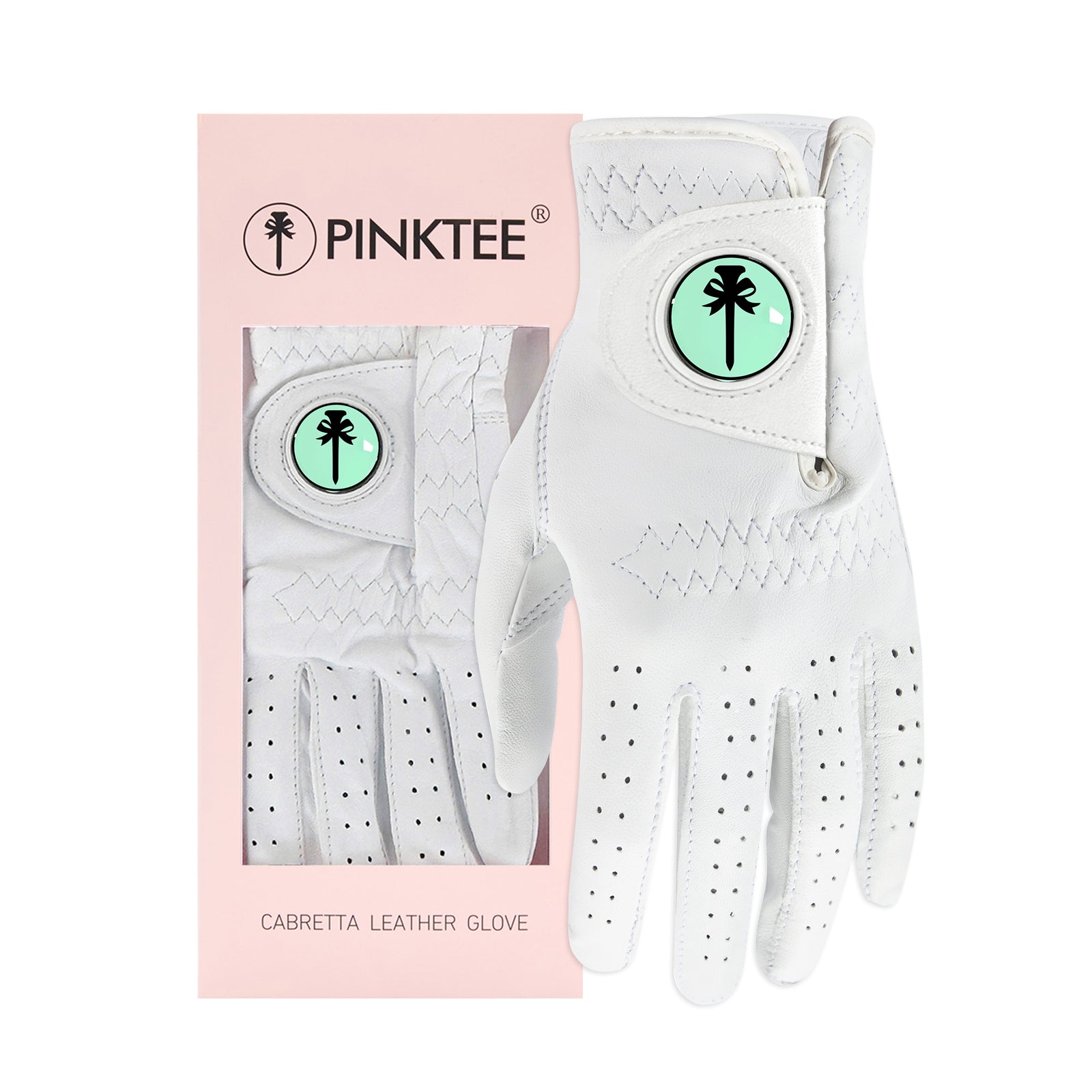 Women's cabretta leather golf glove with mint green ball marker in pink gift box