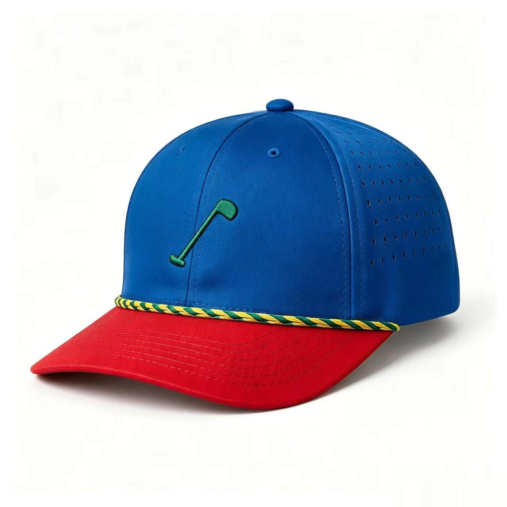 INJAE blue perforated golf cap with red brim and green-yellow rope brim detail