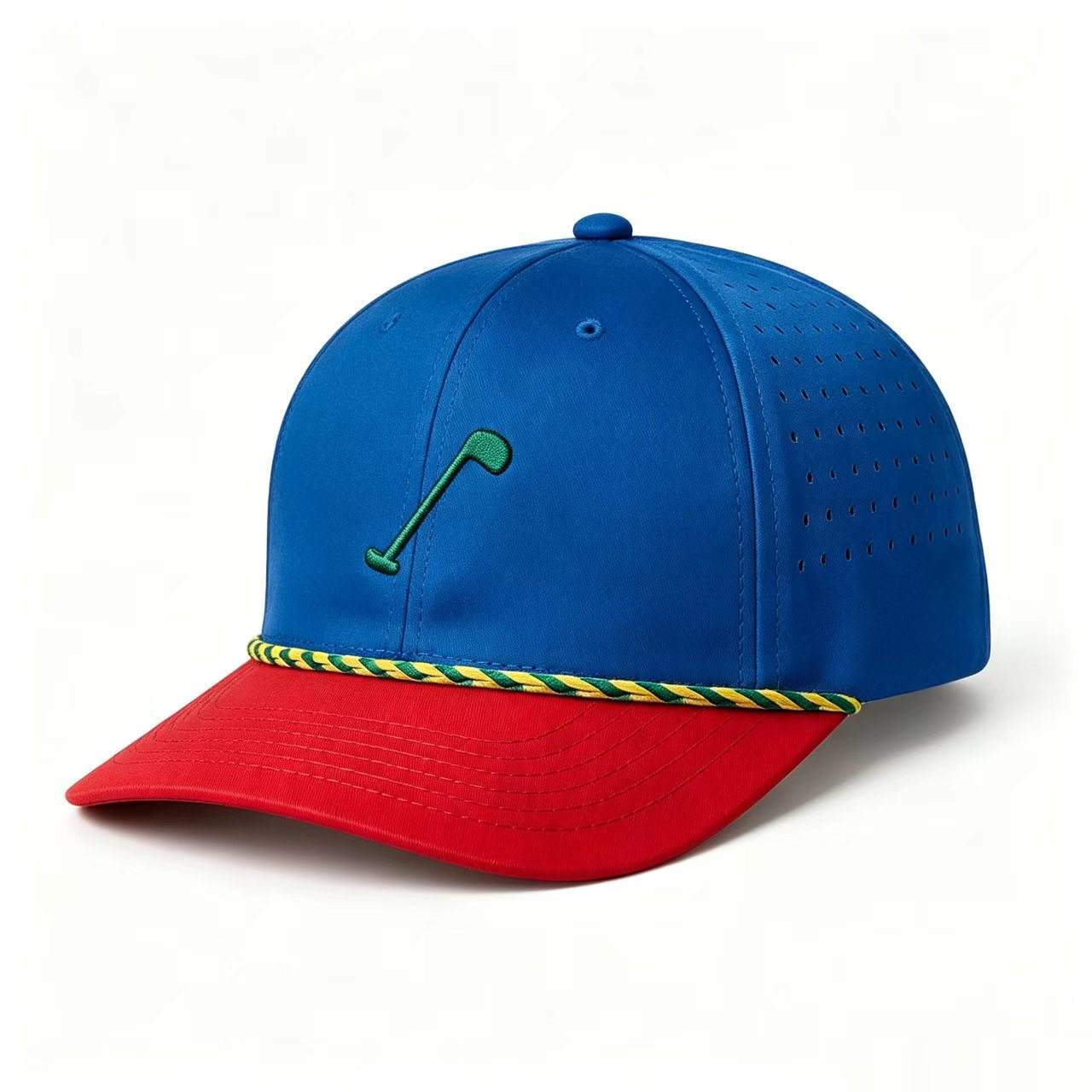 INJAE blue perforated golf cap with red brim and green-yellow rope brim detail