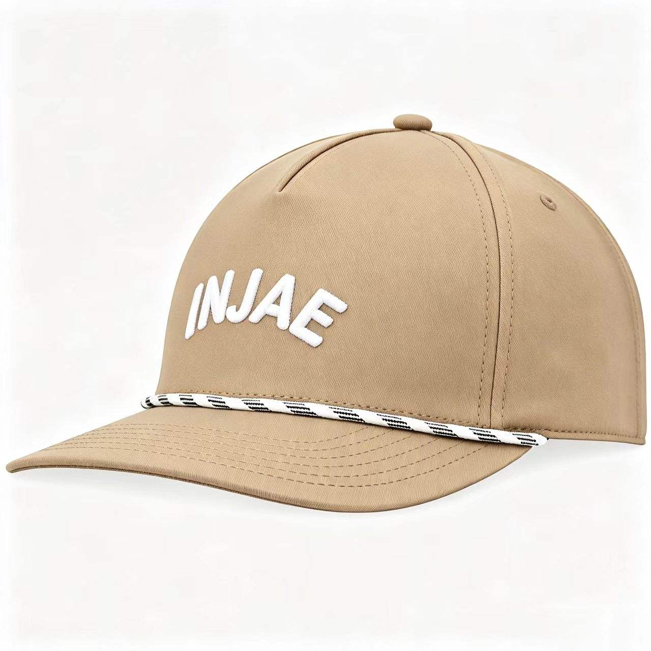 INJAE khaki waterproof golf rope cap, premium polyester, adjustable closure