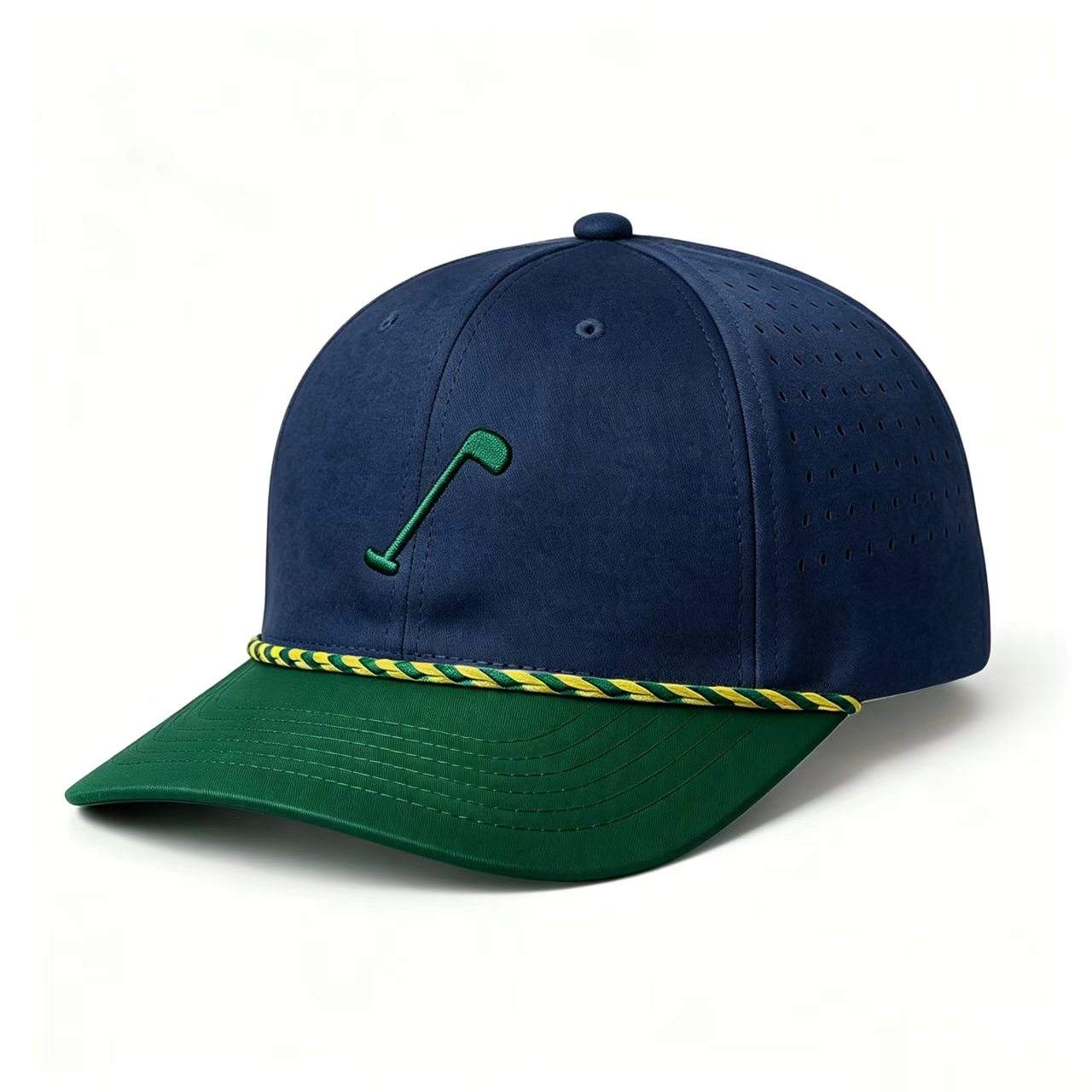 Stack of 4 INJAE perforated golf caps in navy, gray, blue and white colorways