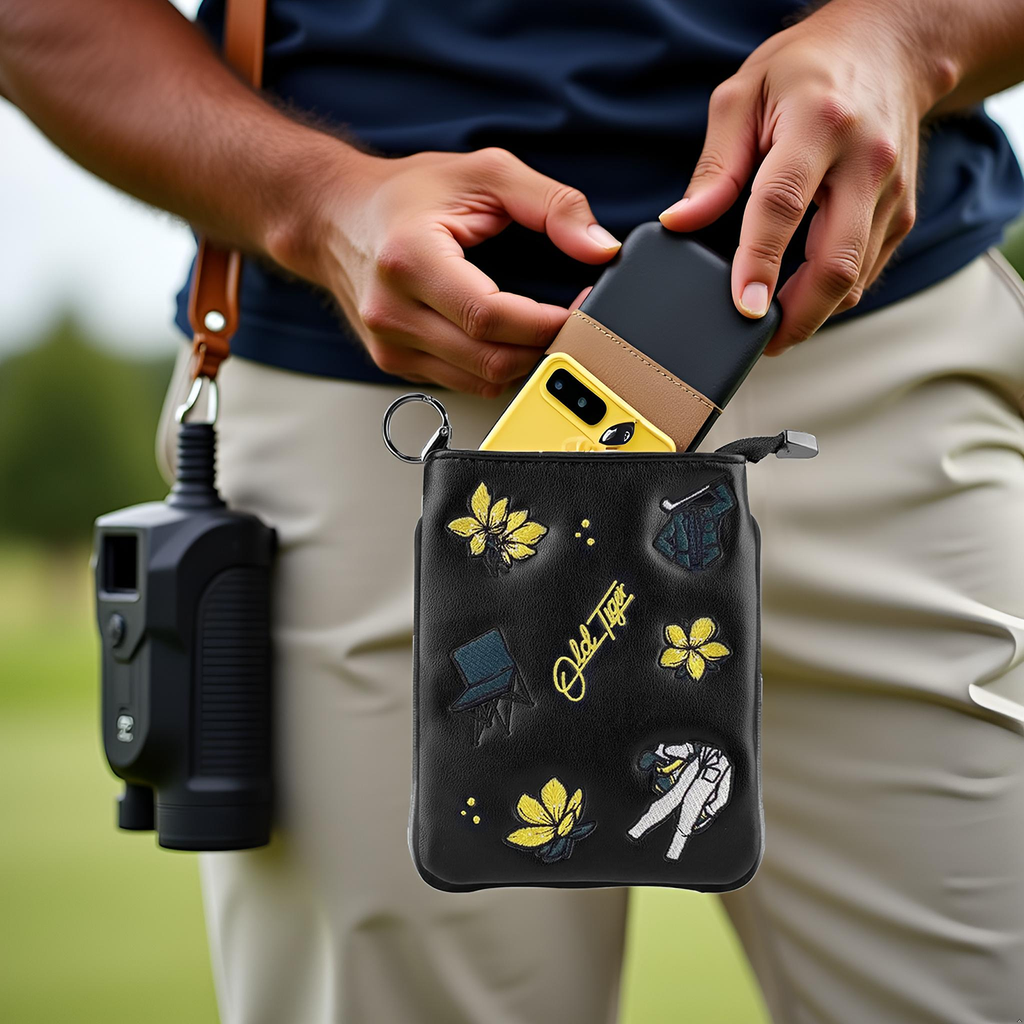 Black golf pouch features metal zipper closure inner lining ring clip premium leather