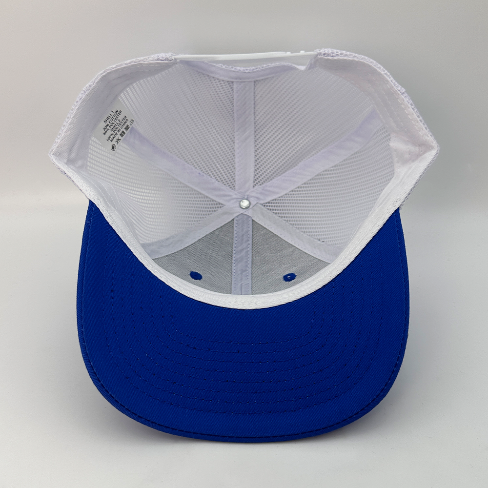 Custom Royal Blue White Trucker Hat with Die-Cut Embroidered Team Logo Patch