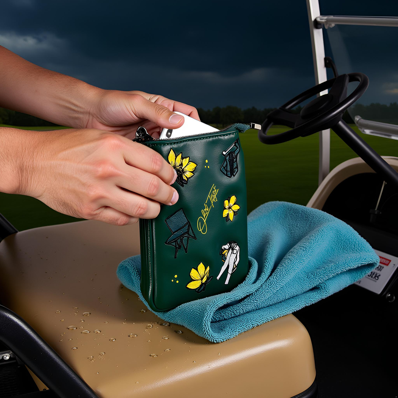 Golf pouch being used on golf cart in rain showing water resistance