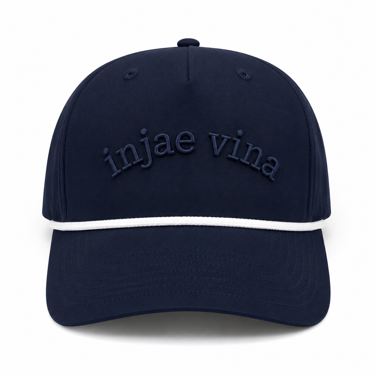 Injae Vina navy low-profile golf cap with tone-on-tone script embroidery and white rope brim