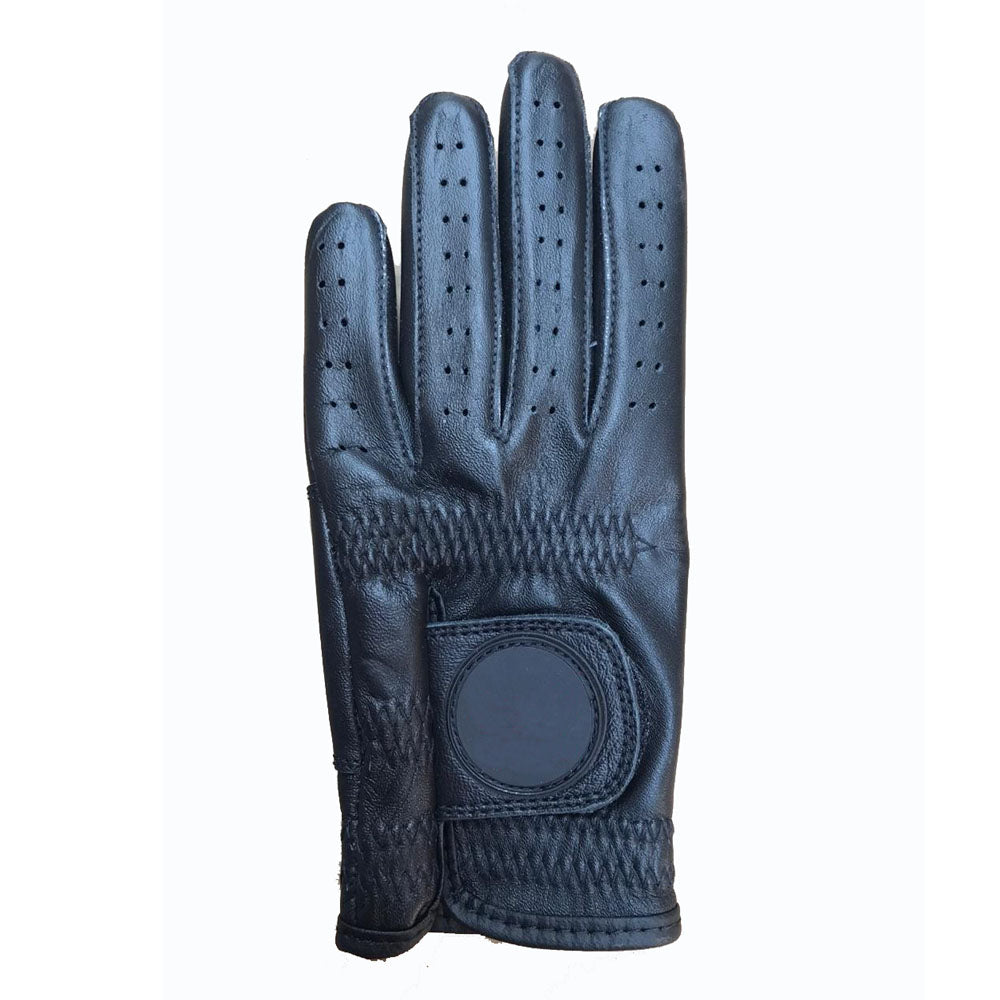 Navy full-grain cabretta leather golf glove with ball marker tab front view