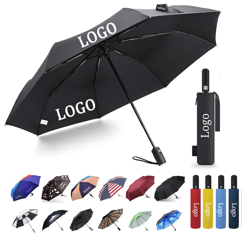 Black auto open 3-fold custom logo umbrella with LOGO print and 12 color and print style options below
