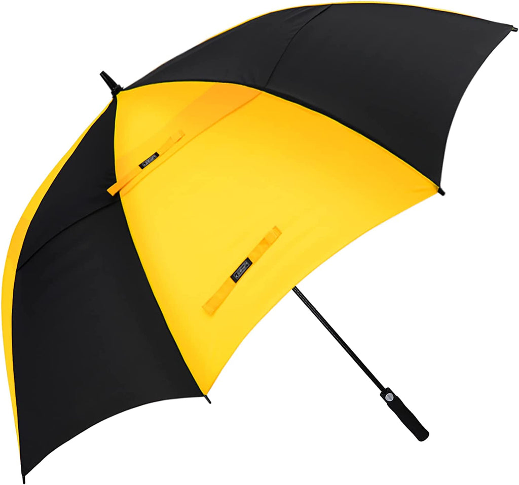 Black and yellow vented double canopy golf umbrella open view white background