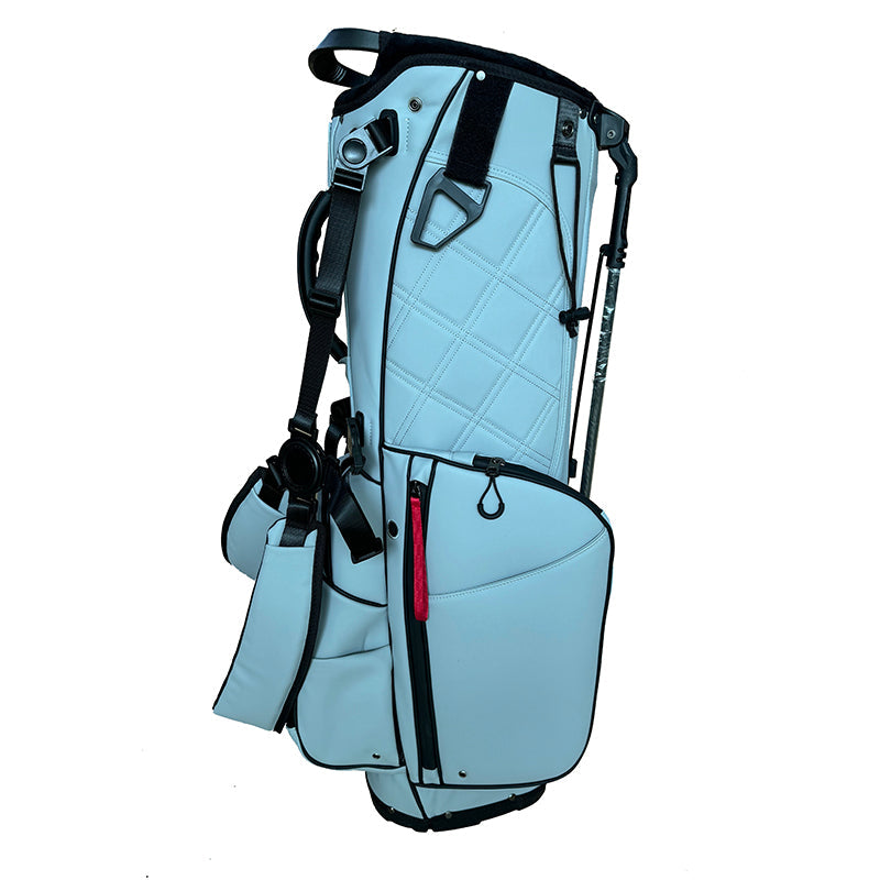 Ice blue quilted golf stand bag side view showing dual leg stand system deployed
