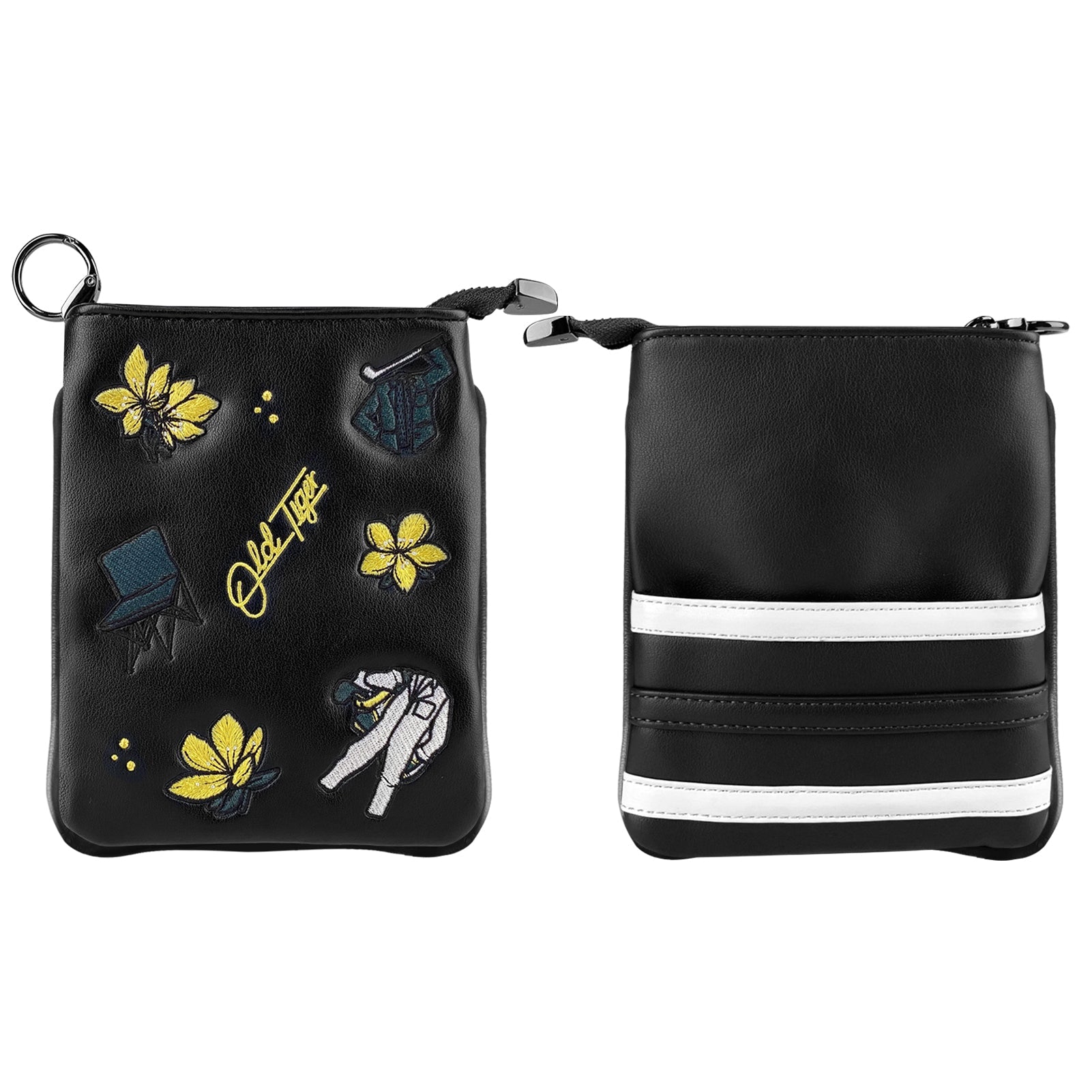 Black embroidered golf pouch front and back view white stripe accent