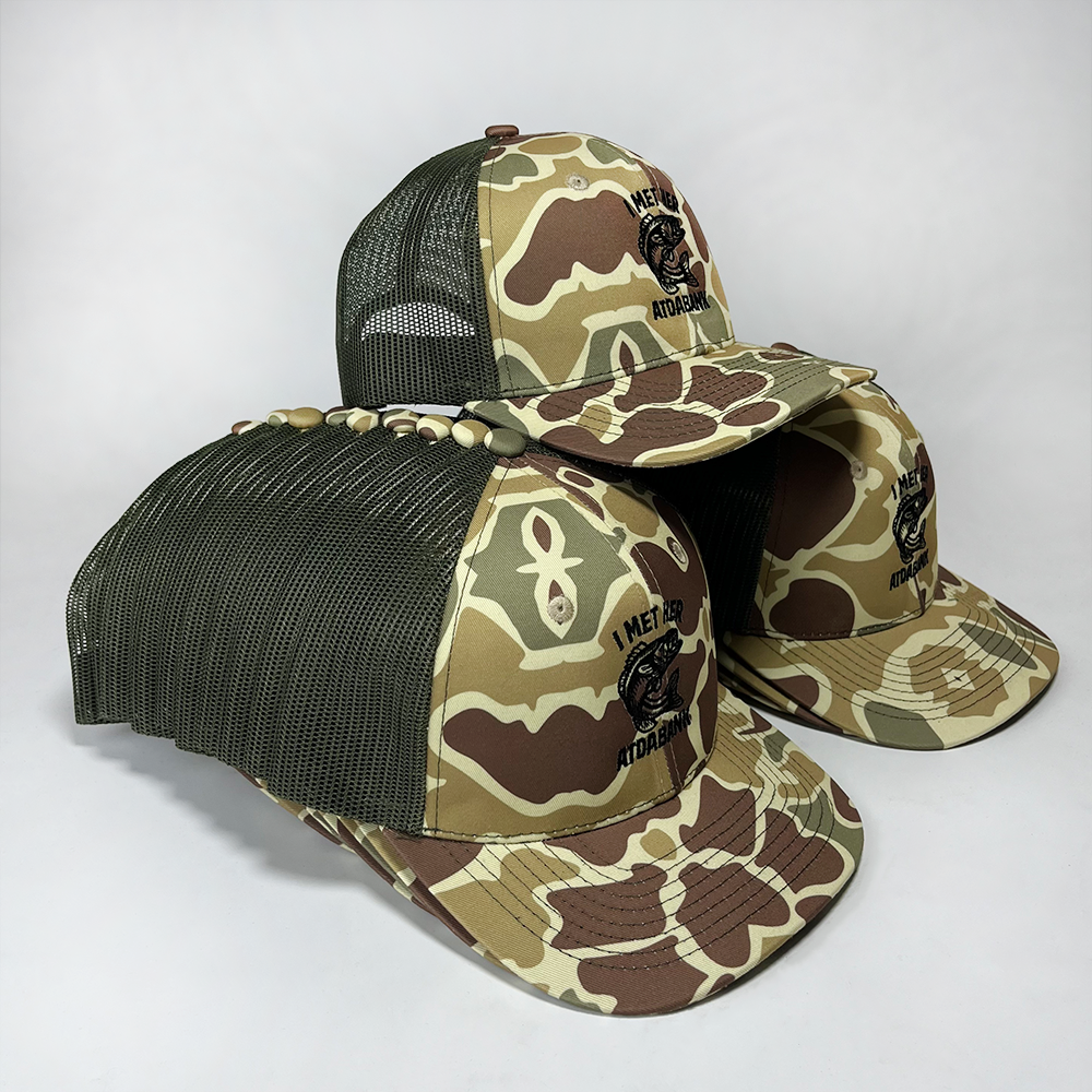 Custom Retro Duck Camo Trucker Hat with Fishing Embroidery