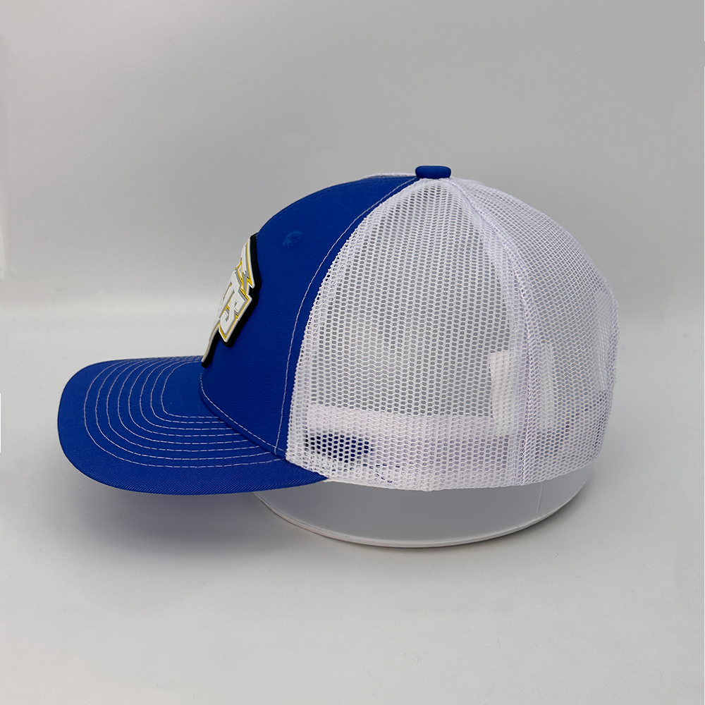 Custom Royal Blue White Trucker Hat with Die-Cut Embroidered Team Logo Patch
