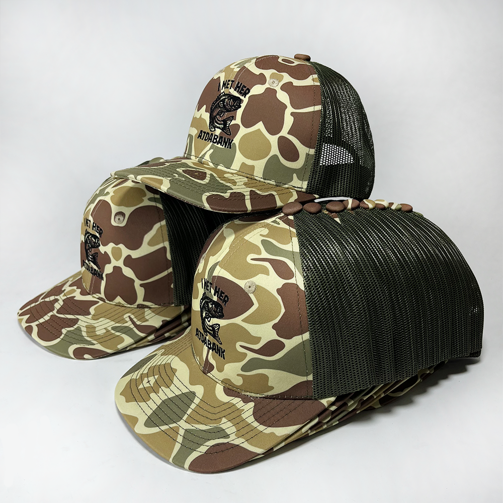 Custom Retro Duck Camo Trucker Hat with Fishing Embroidery