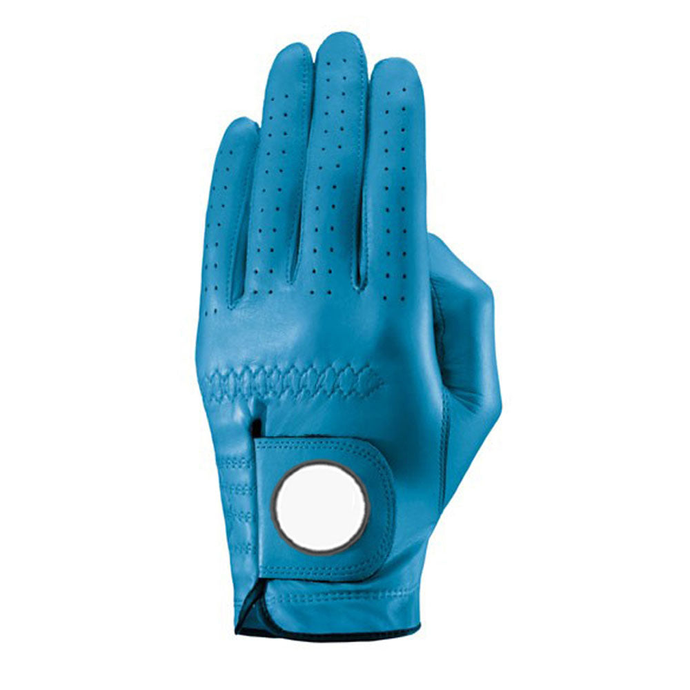 Sky blue breathable cabretta leather golf glove with ball marker tab