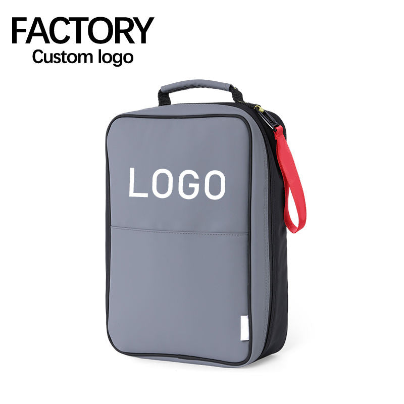 Grey golf shoe bag upright style with red zipper pull