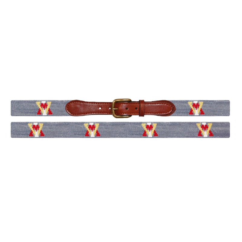 Grey VMI military college needlepoint belt flat lay showing crossed flags red yellow white pattern red leather brass buckle