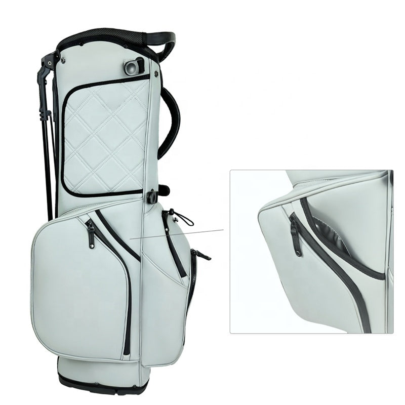 Light Gray PU Leather Golf Stand Bag 14-Way Divider Quilted Pocket Engineered Dual Leg