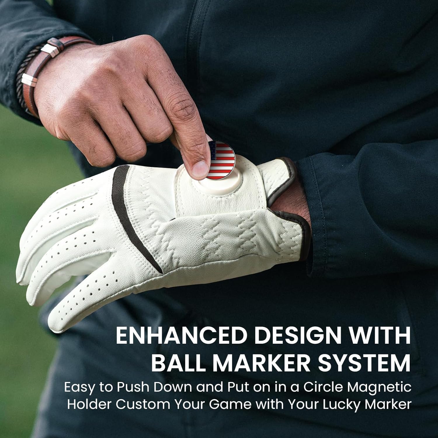 Cabretta leather golf glove bulk order for golf clubs with US flag ball marker