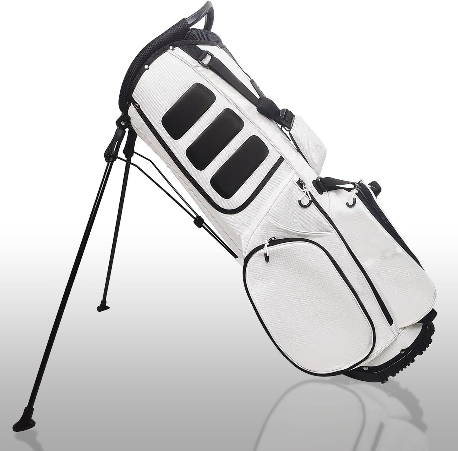 PU Leather Golf Stand Bag with 14-Way Divider Dual Shoulder Strap and Shoe Bag in White