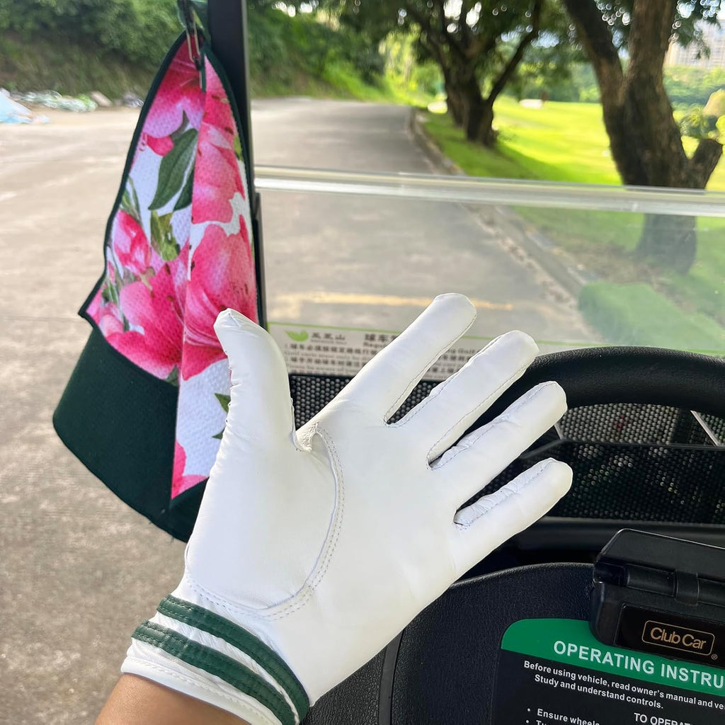 AAA Cabretta Leather Golf Glove with Green Stripe Wrist Band and Woven Logo Patch