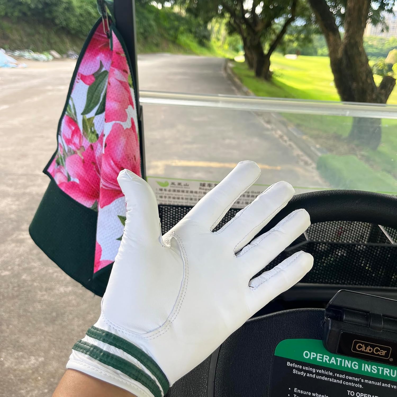 AAA Cabretta Leather Golf Glove with Green Stripe Wrist Band and Woven Logo Patch