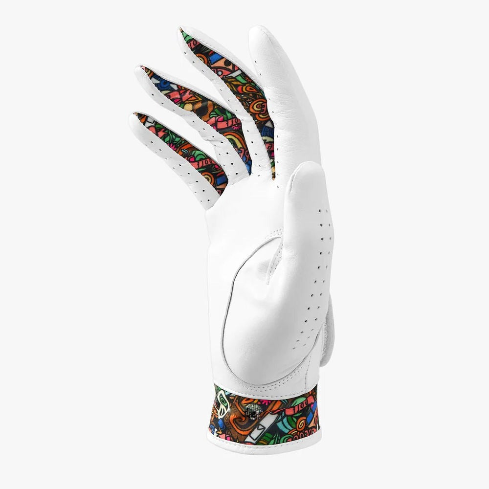 Cabretta leather golf glove left hand with graffiti print lining side view