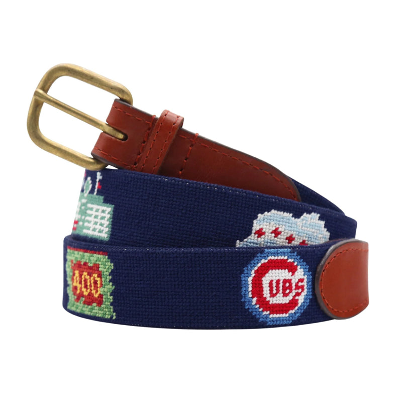 Khaki LSU Tigers Geaux Tigers needlepoint belt coiled showing tiger eye and stadium pattern brass buckle