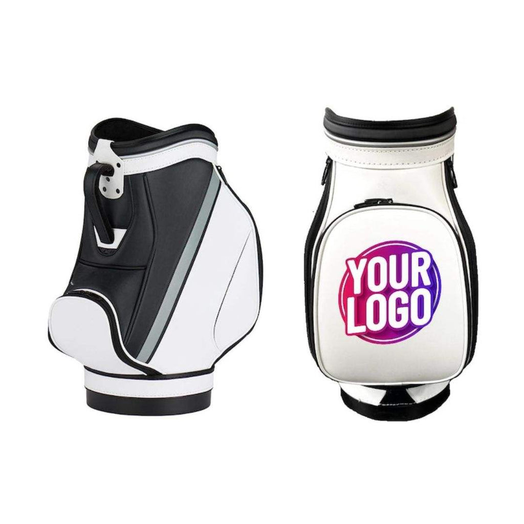 Black White Den Caddy Golf Bag - Front and Back OEM Logo View