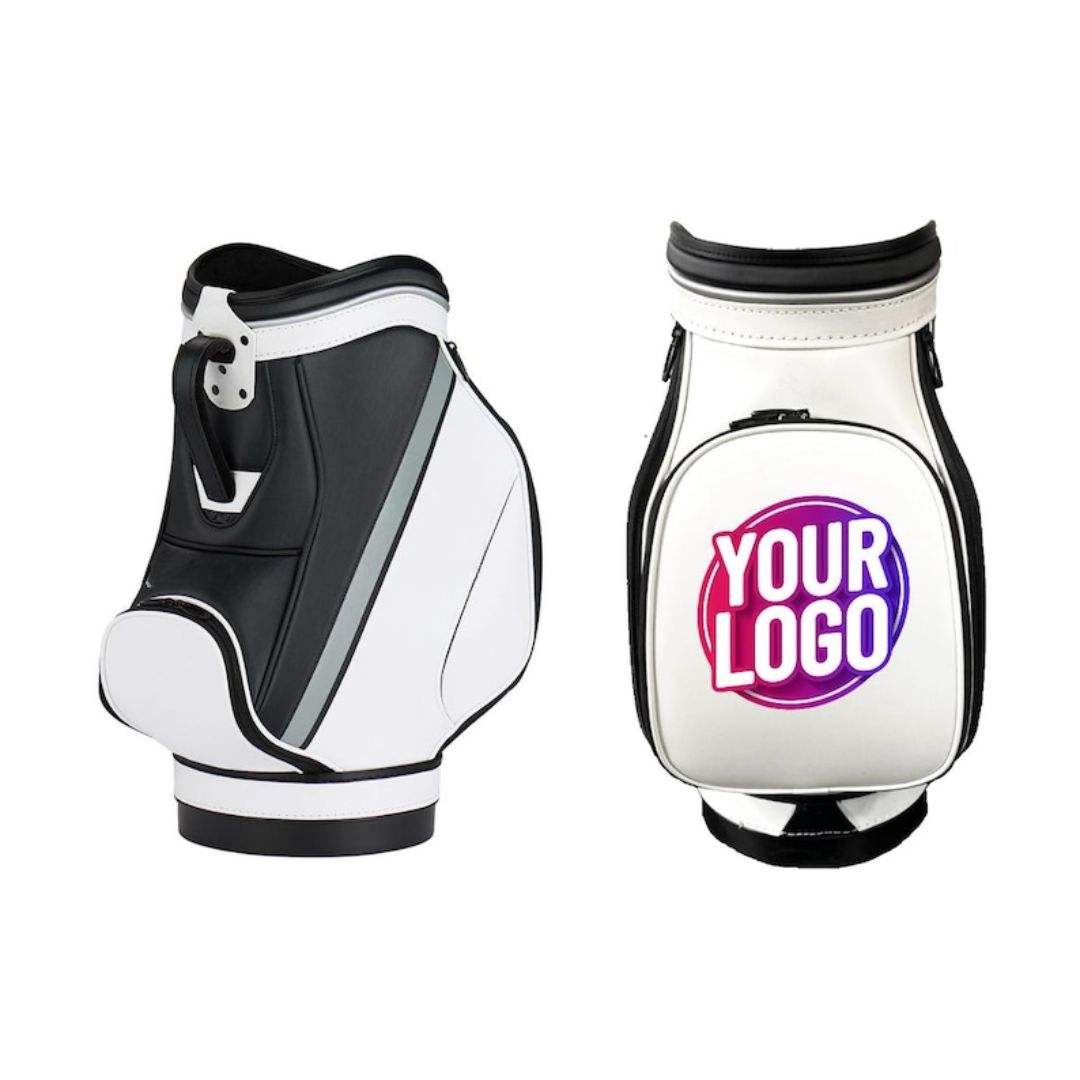 Black White Den Caddy Golf Bag - Front and Back OEM Logo View