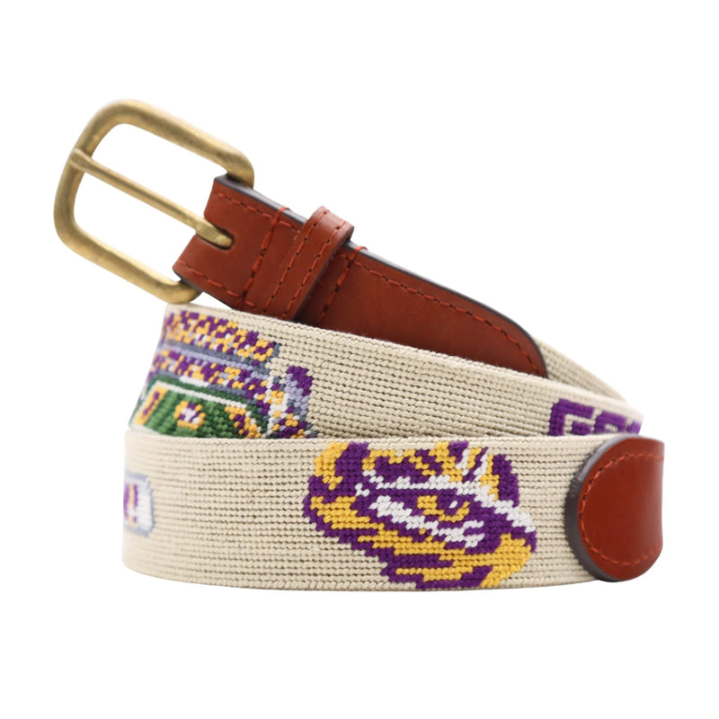 Khaki LSU Tigers needlepoint belt flat lay showing Geaux Tigers text tiger eye WIN scoreboard full length