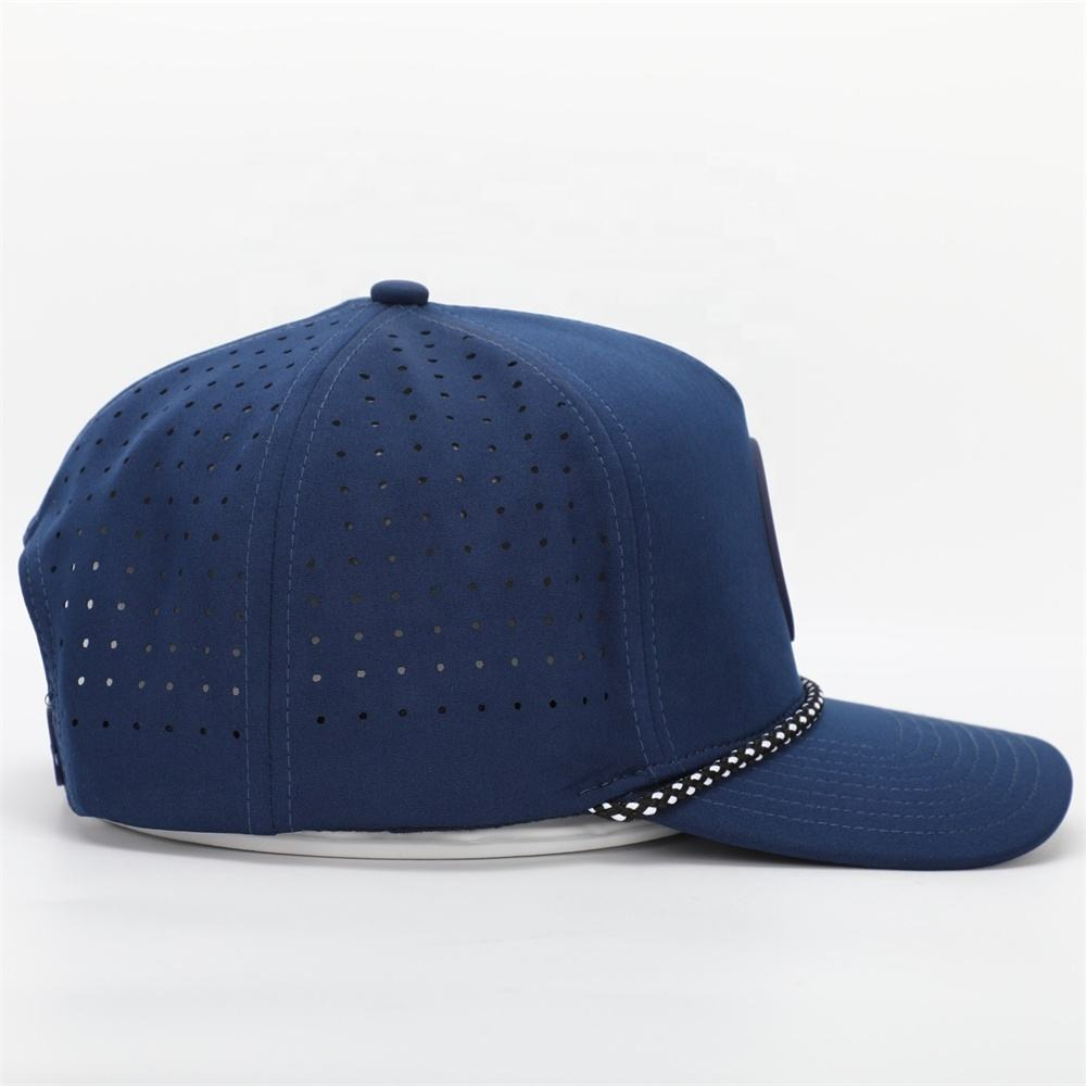 Custom Perforated Snapback Golf Cap with Rope Brim - Side View with Embroidery Logo