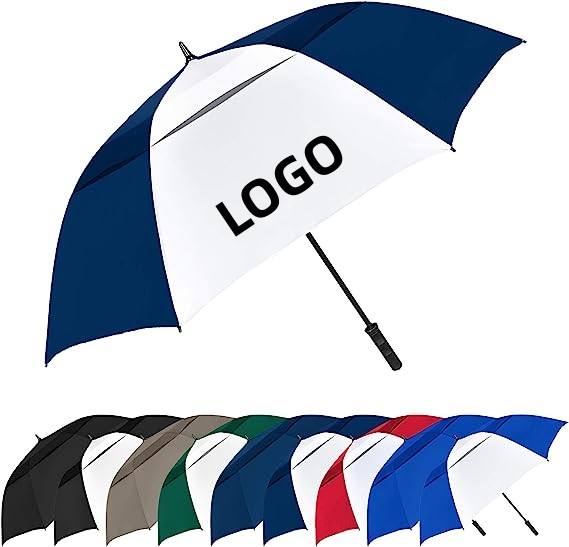 Navy blue and white double canopy golf umbrella with custom LOGO print and 8 color options shown below