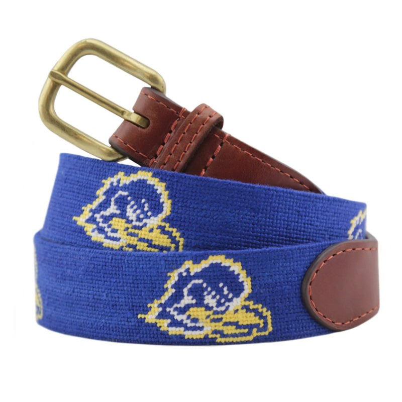 Royal blue duck mascot needlepoint belt coiled showing repeating yellow duck helmet pattern brass buckle