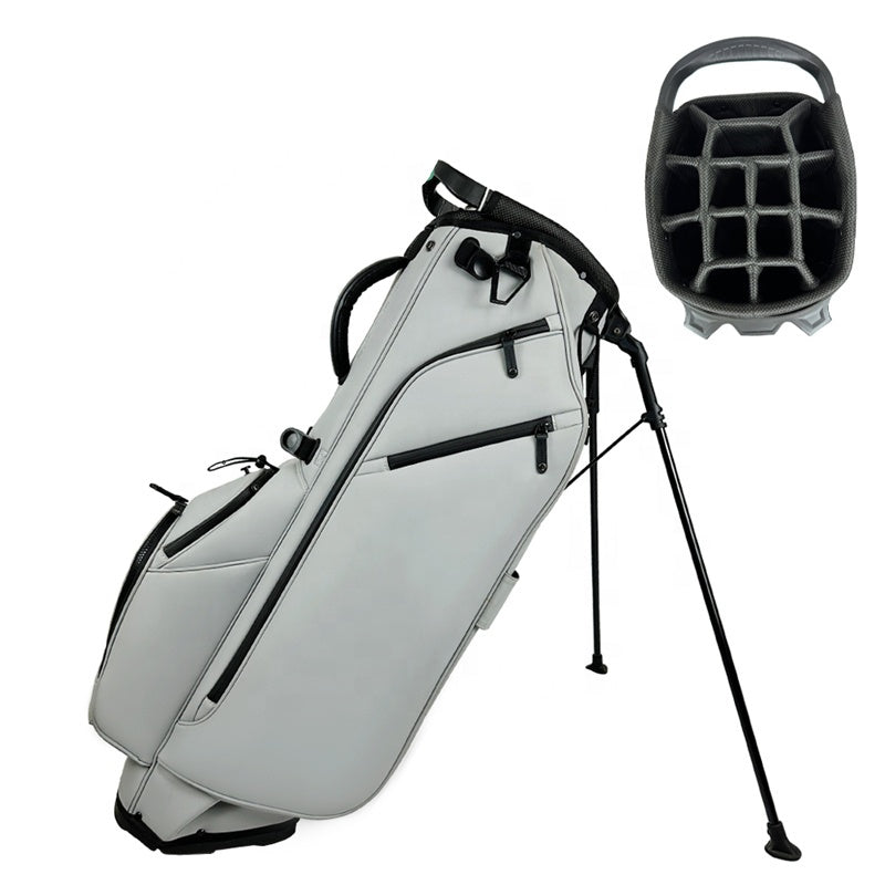 Light Gray PU Leather Golf Stand Bag 14-Way Divider Quilted Pocket Engineered Dual Leg