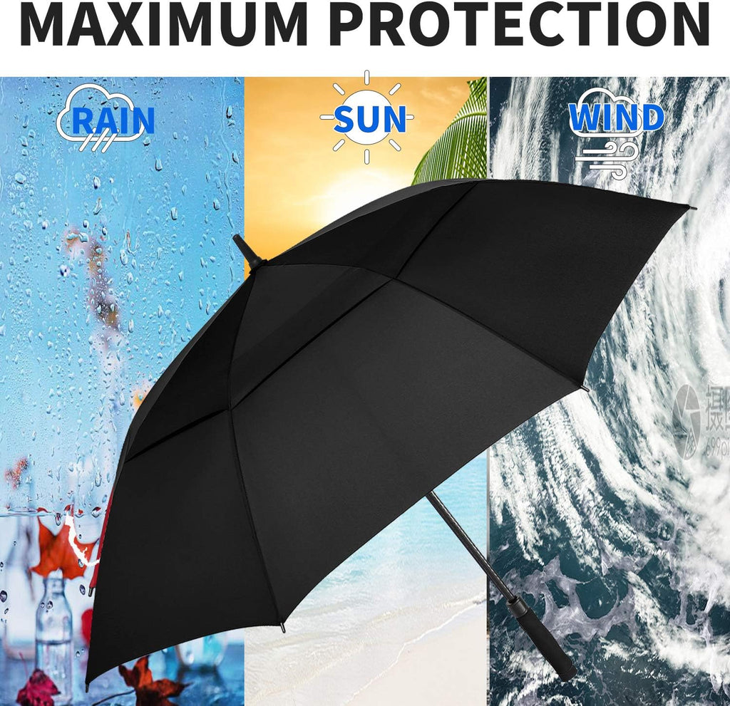 Maximum protection golf umbrella infographic showing rain sun and wind protection with black umbrella