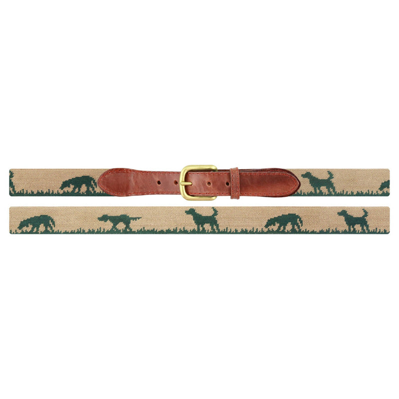 Hunting dog Labrador needlepoint belt coiled showing green dog silhouette on khaki canvas with brass buckle