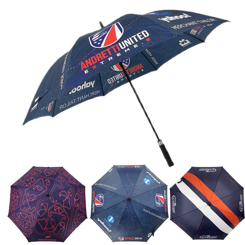 Andretti United full print custom golf umbrella with CMYK all-over printing and 3 additional full print examples below