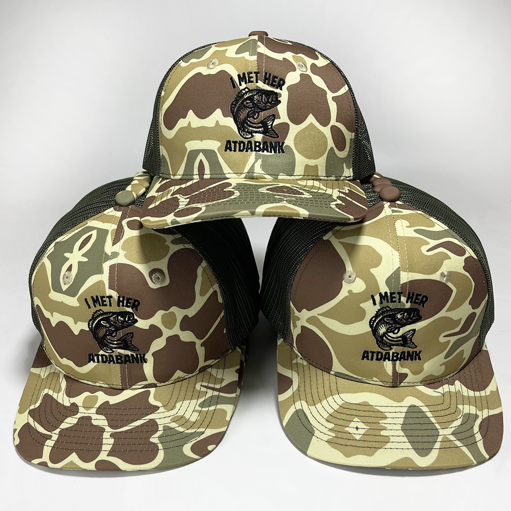 Custom Retro Duck Camo Trucker Hat with Fishing Embroidery