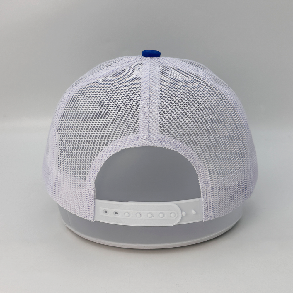 Custom Royal Blue White Trucker Hat with Die-Cut Embroidered Team Logo Patch