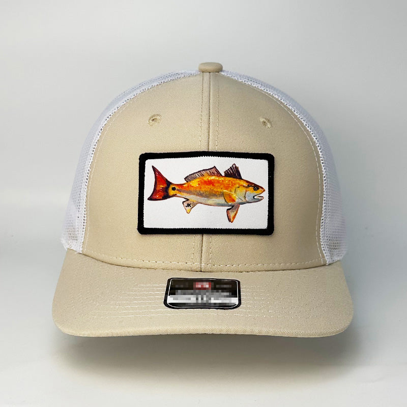 Custom khaki white mesh trucker hat with red fish woven patch front view