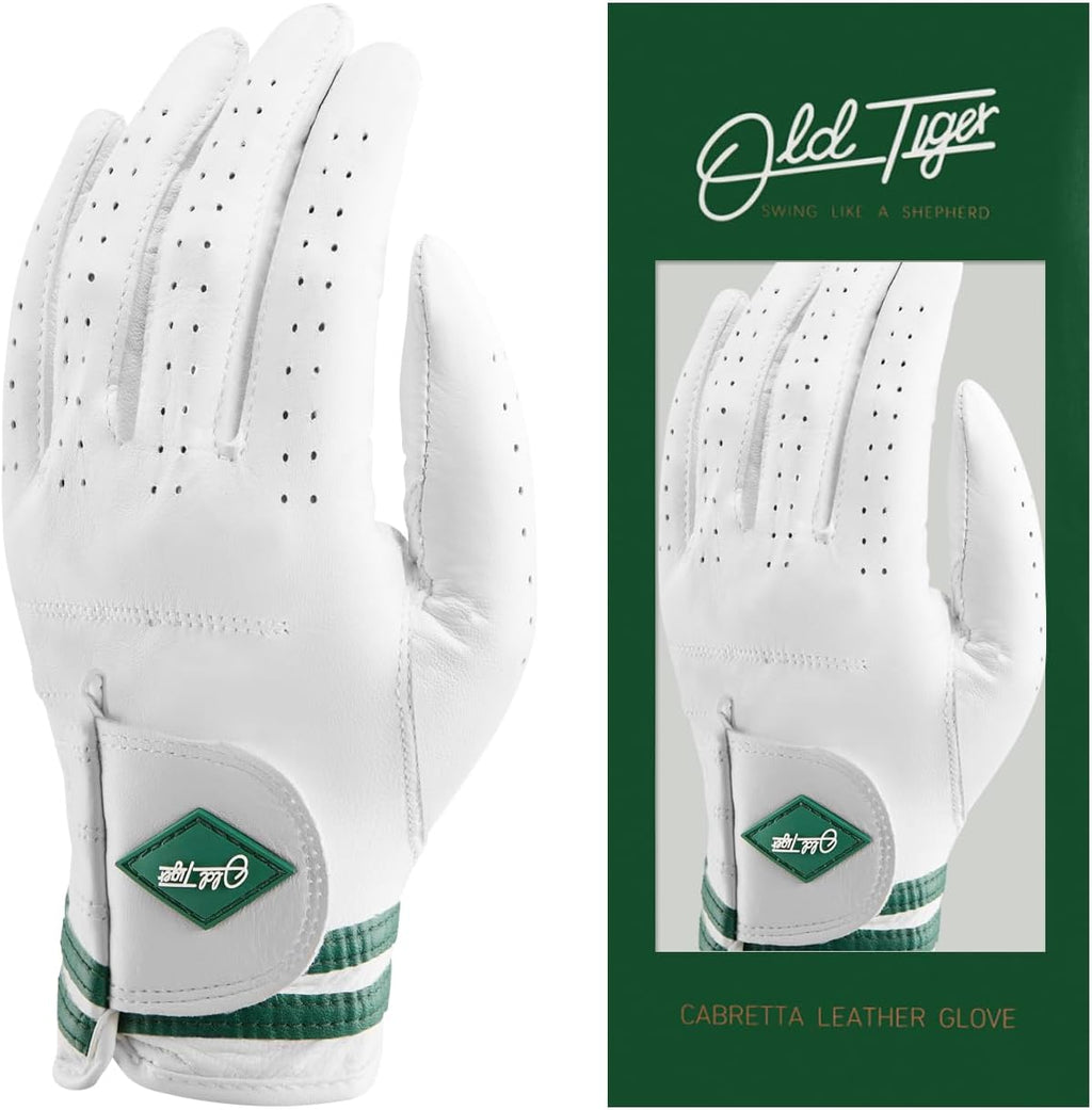 AAA Cabretta Leather Golf Glove with Green Stripe Wrist Band and Woven Logo Patch