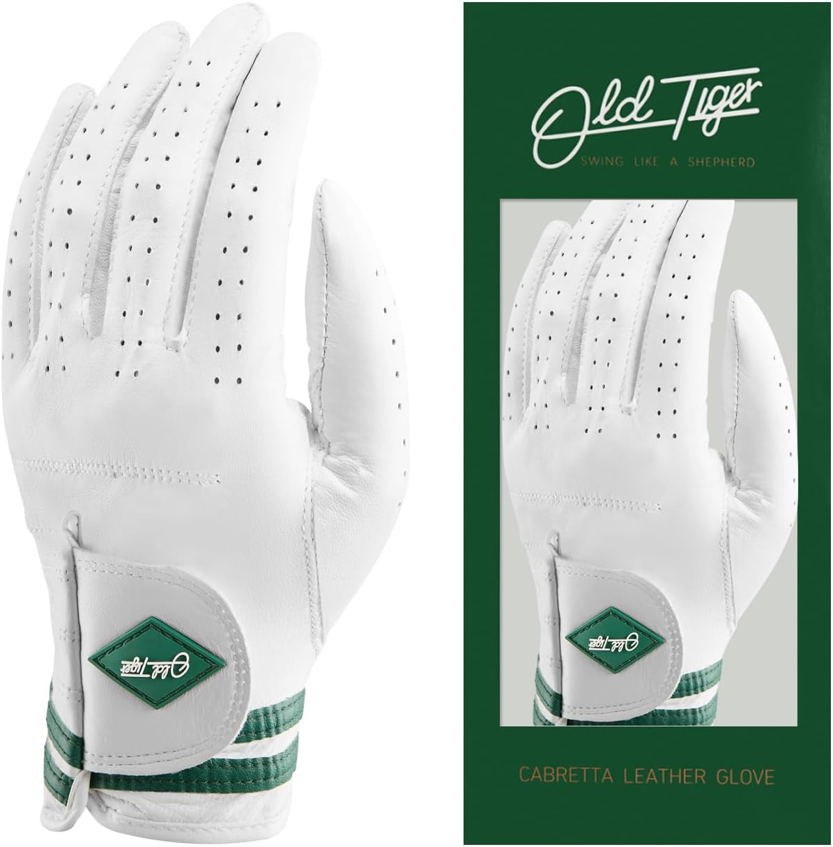 AAA Cabretta Leather Golf Glove with Green Stripe Wrist Band and Woven Logo Patch