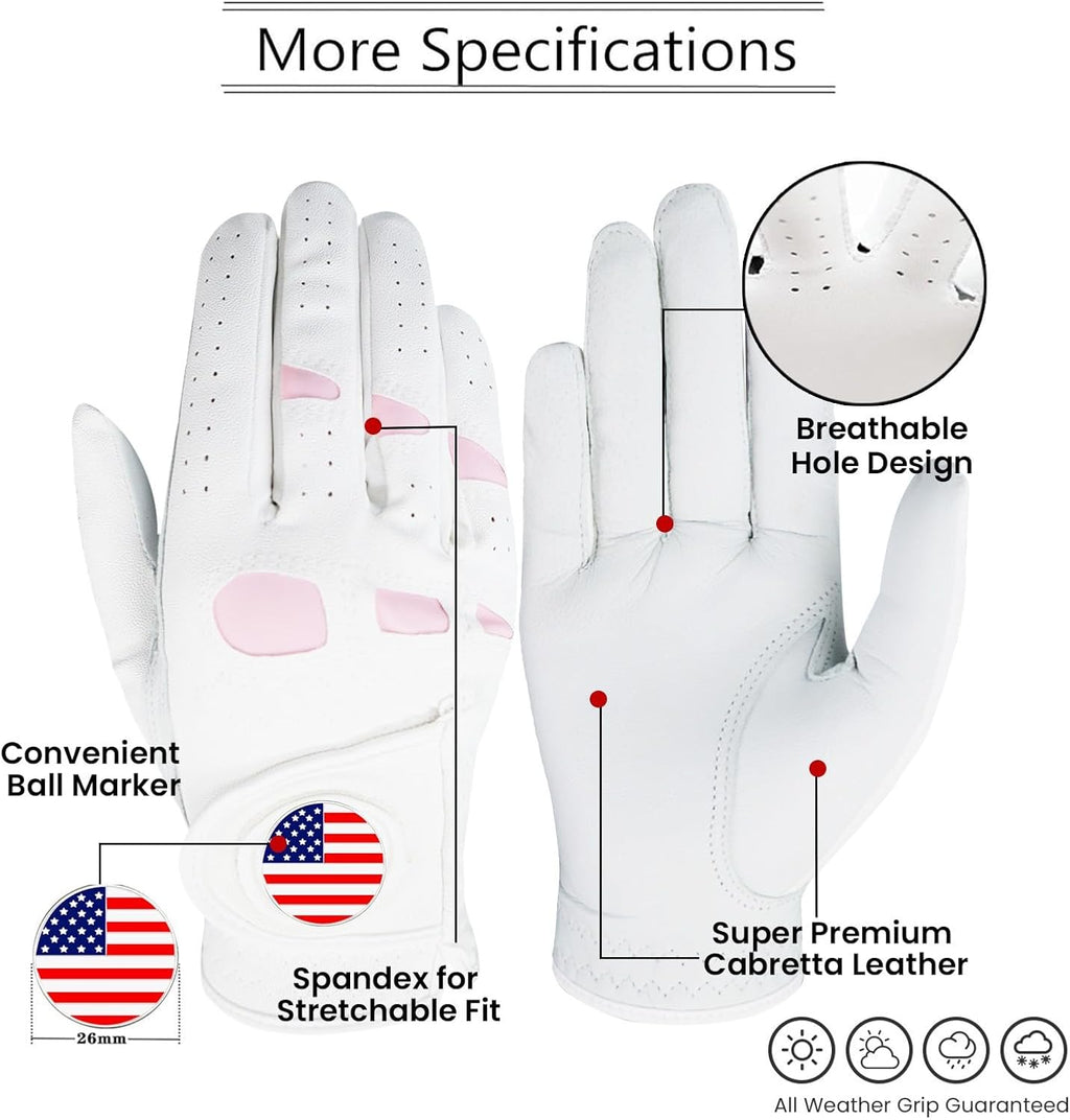 Women's Cabretta Leather Golf Glove with Pink Spandex Gussets and Magnetic Ball Marker