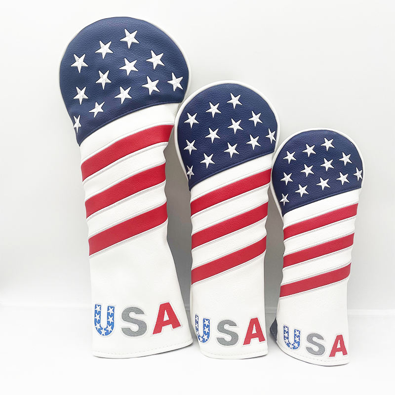 USA stars and stripes golf headcovers set — driver fairway hybrid three piece embroidery
