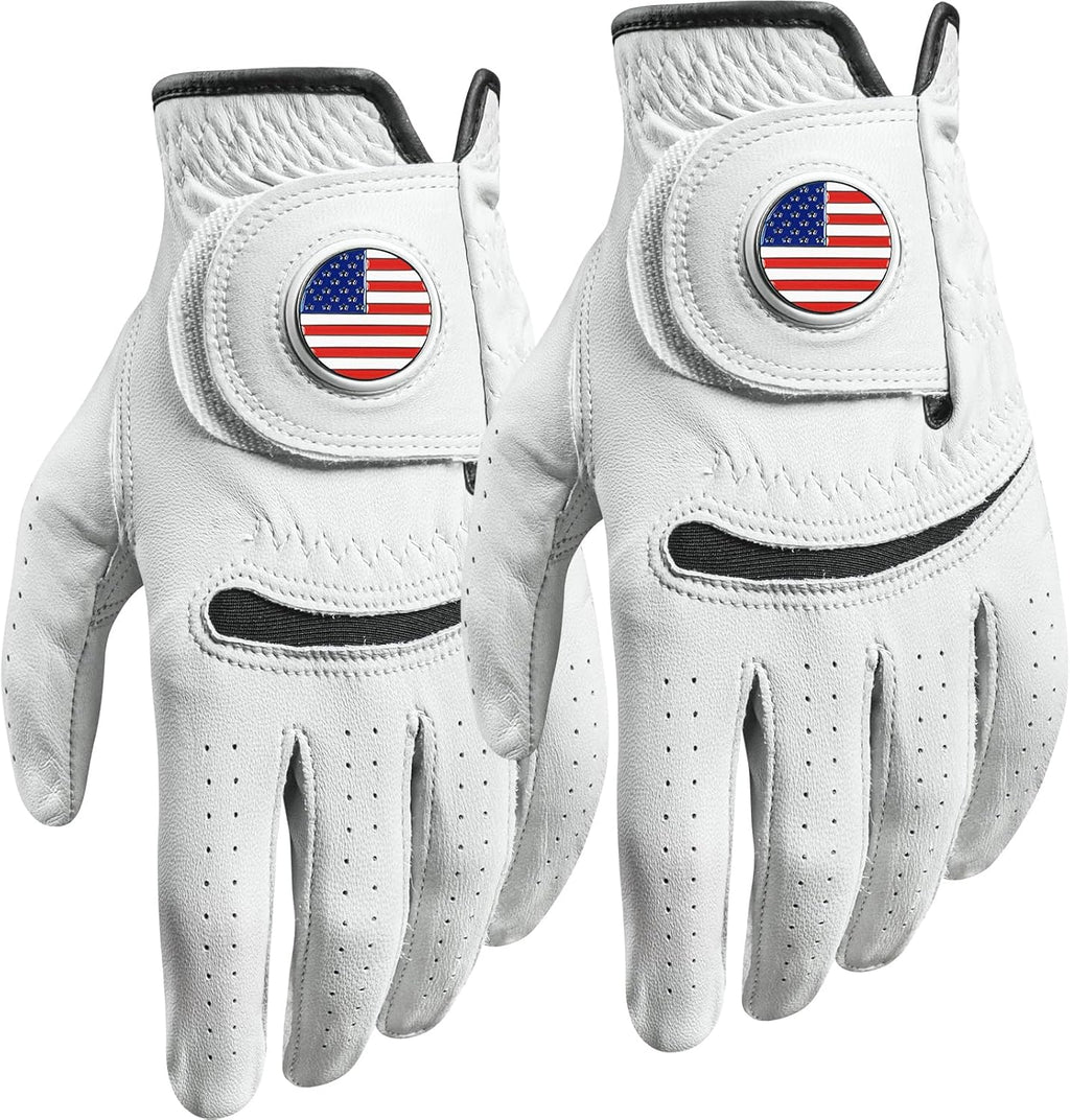 Custom logo cabretta leather golf glove with magnetic ball marker detail