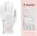 Women's cabretta leather golf glove with pink custom logo ball marker and retail box
